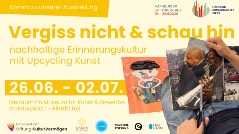 Einladung zur Ausstellung des CULT-Kurses „Vergiss nicht & schau hin“ – nachhaltige Erinnerungs-kultur mit Upcycling Kunst. Gezeigt wird eine Serie von Portrait-Collagen, bei denen das Material selbst als kreativer Anlass diente, um frei zu experimentieren und individuelle Ideen der Schüler:innen umzusetzen.

Wir sind der BürgerStiftung Hamburg sowie der Hamburg Sustainability Week dankbar für die Initiierung des Projekts und die Organisation der Ausstellungseröffnung. Für die Finanzierung dieses CULT-Projekts danken wir der attveta Stiftung, der Ian und Barbara Karan Stiftung sowie der Wilma Krug Stiftung.